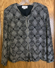 Laurence Kazar Size L Heavily Beaded Silk Jacket Black Wavy Silver Lined Vintage