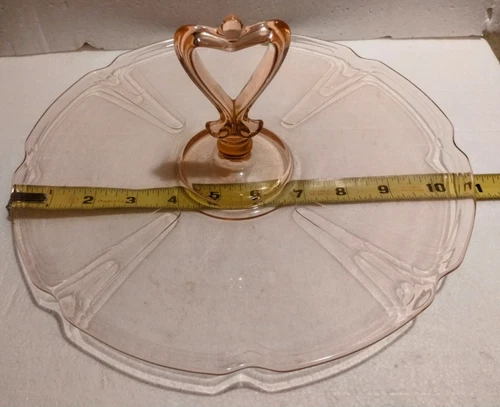 Vintage Pink Depression Glass Heart Handle Tray Candy -Petit fours Serving Dish