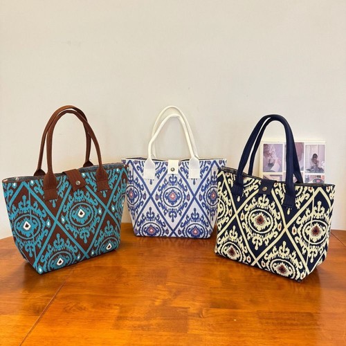 Large Capacity Knitted Bag Geometric Pattern Travel Handbag Retro Tote Bag