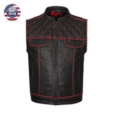 Men's Black Leather Vest Diamond Motorbike Motorcycle Concealed Red Waistcoat
