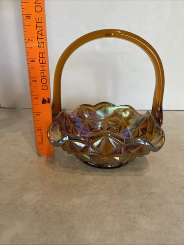 Vintage Amber Carnival Glass Basket with Handle Monticello Indiana Square 7.5”