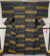 Japanese Vintage Kimono Polyester Black Traditional Authentic Length 61 in