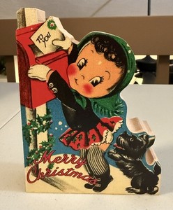 Vintage Style Wood Block X-Mas Decor/Shelf Sitter-Girl at Mailbox w/Scottie Dog