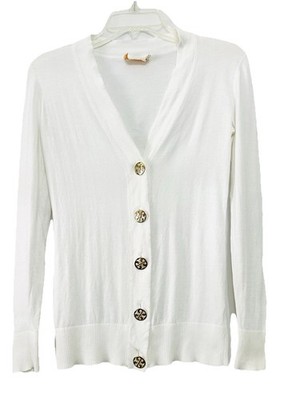 TORY BURCH Simone Cardigan Cotton Sweater White Gold Logo Button Sz XS EUC