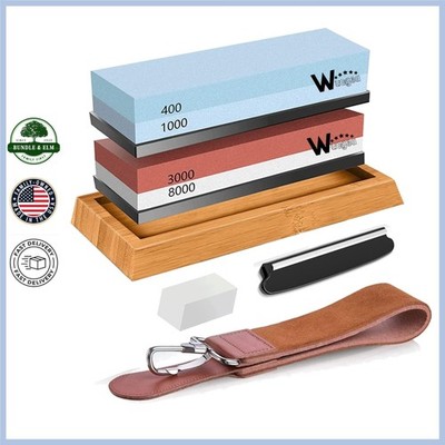 Coarse Grit Knife Sharpening Stones with Bamboo Base and Leather Strop