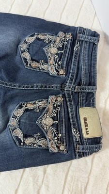 Girls 12 Grace Embroidered/rhinestone Pockets Dark Blue Boot Cut Jeans