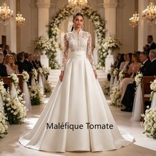 Elegant High Neck Wedding Dresses Laces Applique A Line Satin Train Ball Gowns