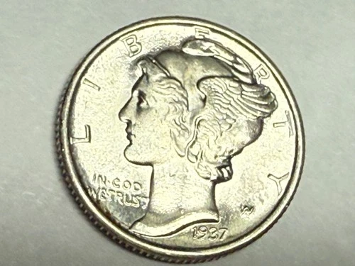 1937 MERCURY silver U.S. dime. Flashy white choice BU, nice rounded bands. #q1