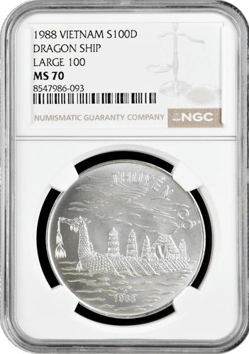 Vietnam 100 dong 1988, NGC MS70, "Asian Dragon Ship", LARGE "100" silver coin