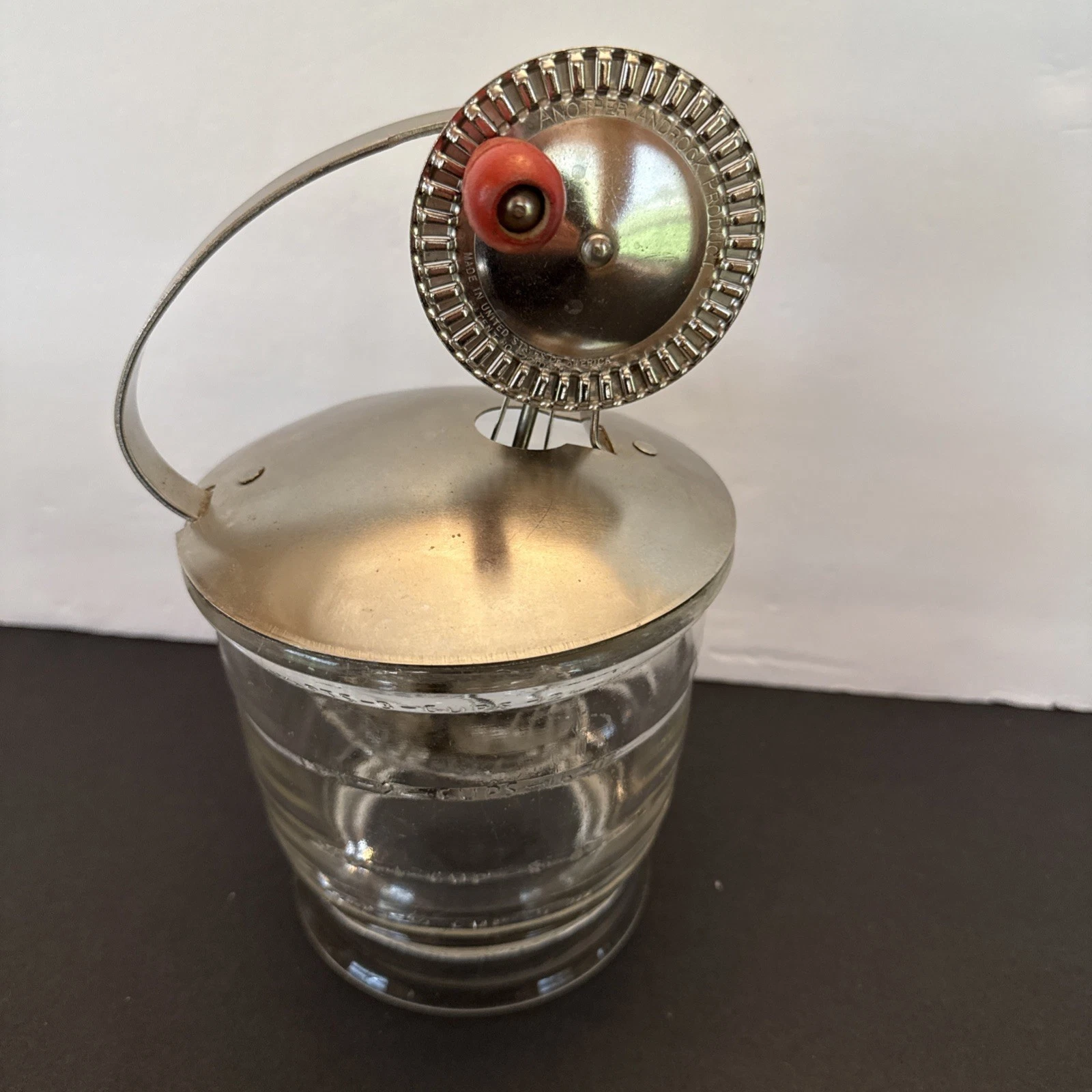 Vintage 1940s Androck Egg Beater Separator 3 Cup Glass Bowl Red Handle USA