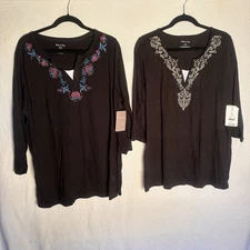 White Stag Shirt Womens XL Black Embroidered Boho V Neck 3/4 Sleeve Top Lot Of 2