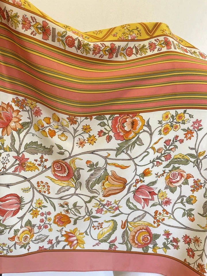 Bufanda de seda con estampado floral Jean Patou Paris rosa naranja amarillo hecha en Italia #A19 Foto 3 de 4