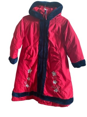 Gusti Red Alpine Woman s Sz 8 Winter  Coat Floral Embroidery Fleece Lining Hood