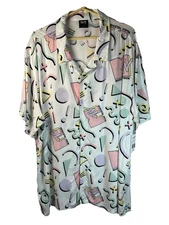 MTV Viacom Intl White Multi Button Down Shirt 100% Rayon Retro Music Nostalgia