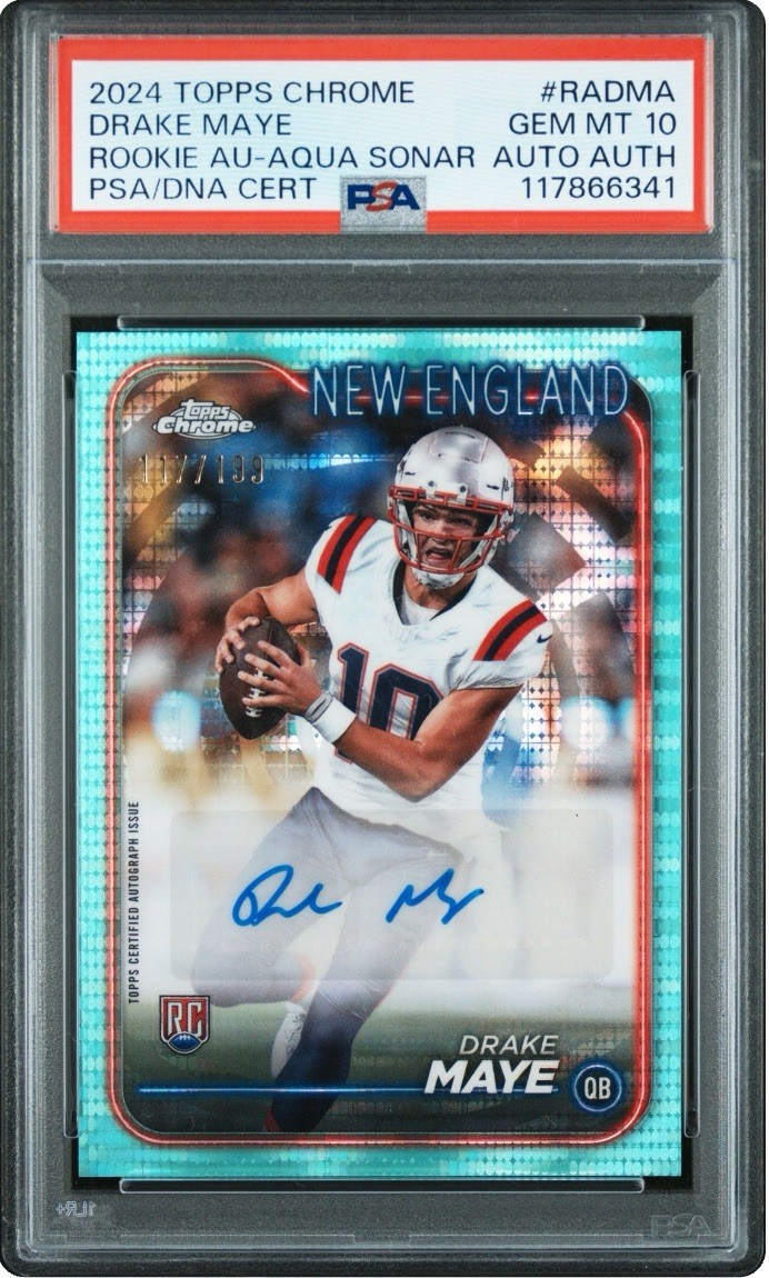 2024 Topps Chrome Rookie Autographs Drake Maye Aqua Sonar Refractor /199 PSA 10