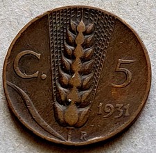 Italy 5-centesimi coin, 1931. KM# 59, copper. King Victorio Emmanuel III. Wheat.