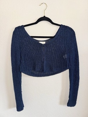 L.A. Hearts Women s Blue Open-Knit Cropped Pullover Sweater Long Sleeve XS