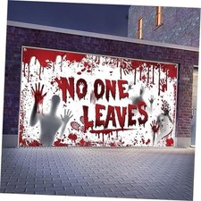Halloween Garage Door Banner 7x16 ft, Bloody Horror No One Leaves Red