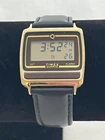 Vintage Timex S Cell Q Bar Watch Quartz Alarm Mens Digital Gold Tone Leather