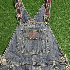 Vtg Bum Equipment Denim Shortalls Womens Size Medium Spell Out Overall Shorts