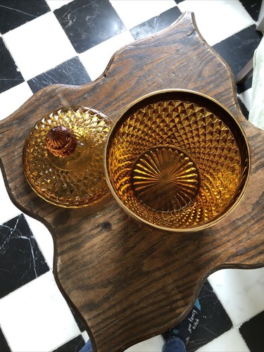 Indiana glass amber diamond point ice bucket with lid and gold band, EUC/ EVC - Picture 6 of 10
