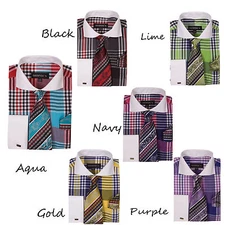 Nice Men's Check Design Dress Shirt French Cuff With Tie&Hanky AH-626 