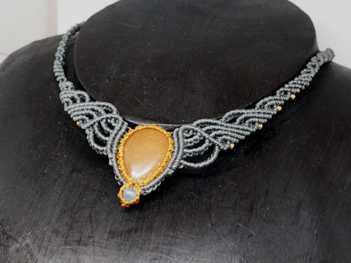 Choker, Grey Macrame Choker with Orange Agate - Picture 5 of 5