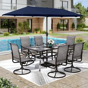 8 PCS Outdoor Dining Set Patio Furniture Metal Table and Chairs Set W/ Umbrella