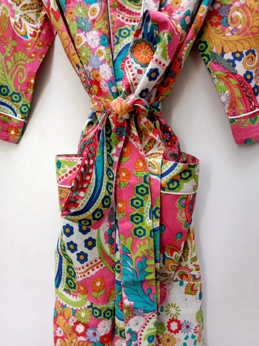 Indian Handmade Vintage Kimono Paisley Print Cotton Bath Robes Maxi Night Gown - Picture 2 of 6