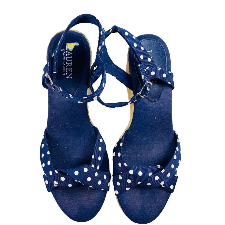 Lauren Ralph Lauren Mujer Azul Alpargatas Lunares Punta abierta Tacones de cuña 8.5 Foto 2 de 4