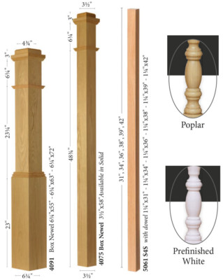 Poplar Railing Set 4091/4075 Box Newel Post, 5061 Baluster/Spindle Stair Parts