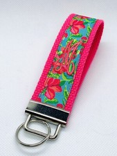 Monogram Key Fob/ Wristlet/ Green/ Ribbon/ Flowers/ Pink