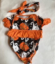 Baby Pumpkin Outfit Halloween Romper Headband 3 - 6 Months Jack O Lantern Ghost