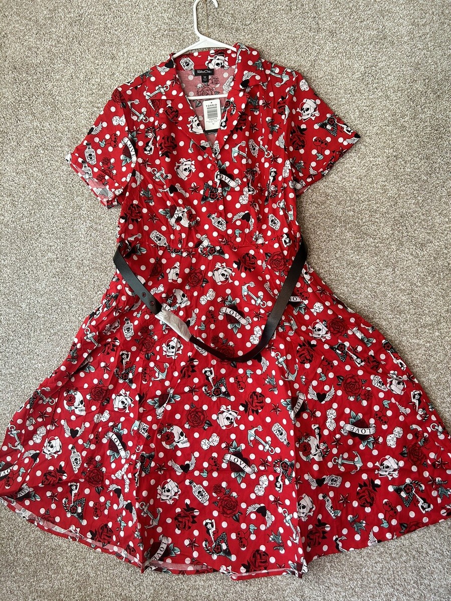 Torrid Retro Chic Red Skull Rose Love Graphic Belted Short Sleeve Midi  Dress 12