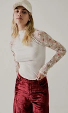 Free People FP x Anna Sui Le Fleur Knit Embroidered Lace Sleeve Thermal Top S