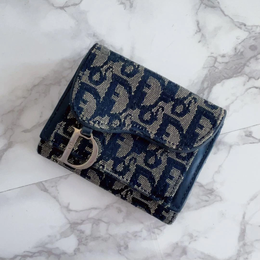 Mini portefeuille Dior Trotter cuir triple occasion authentique avec numéro de série