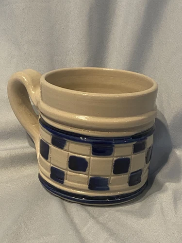 Williamsburg Pottery Cobalt Blue Checkerboard Colonial Salt Glaze Coffee Mug
