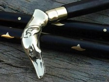 Antique Brass Greyhound Dog Head Handle Black 3 Fold Wooden Walking Stick Cane