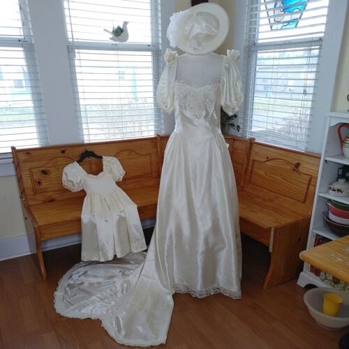 Vintage 80s Wedding Dress Union Made Size 11/12P W/Flower Girl Dress Hat FLAWS  - Picture 1 of 24