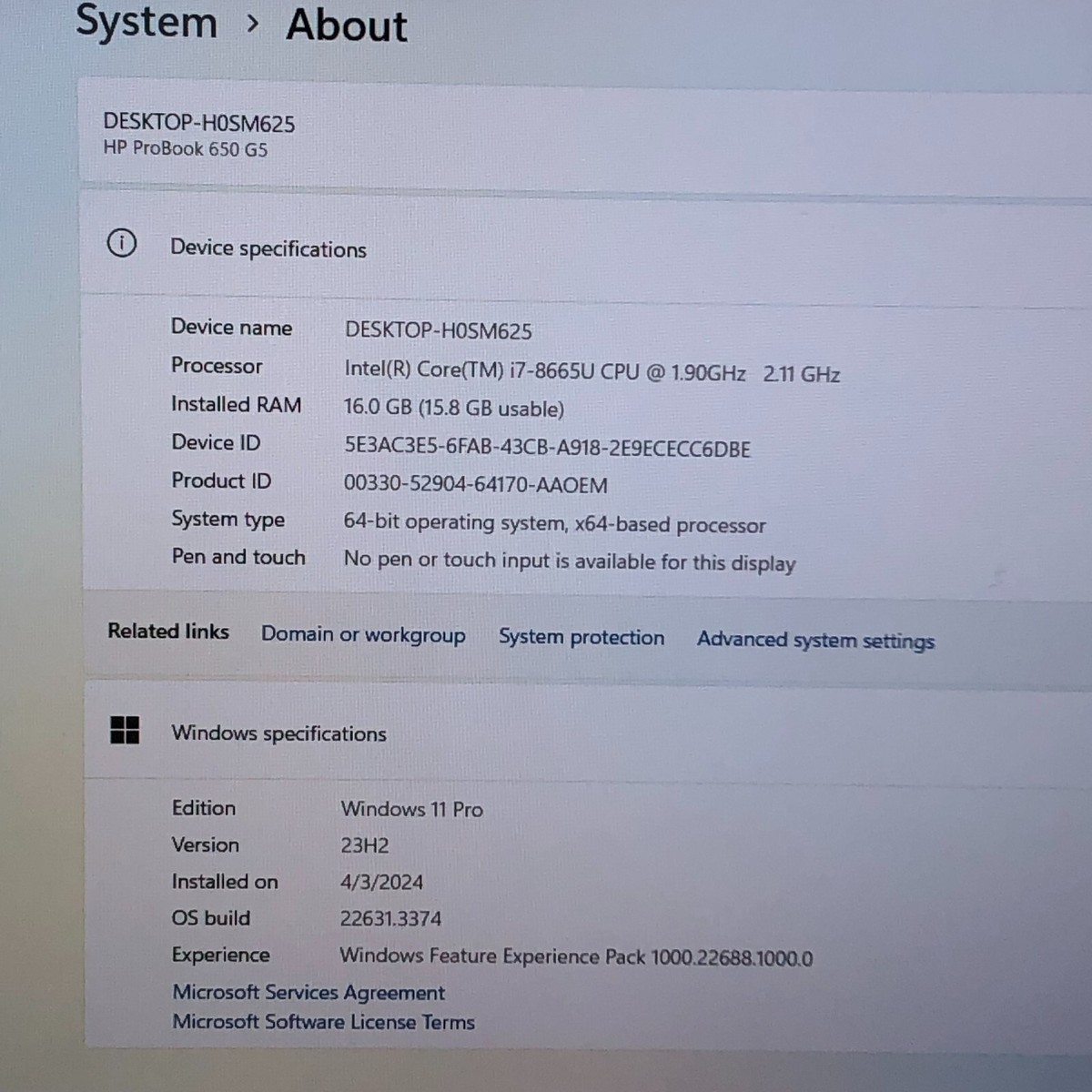 HP PROBOOK 650 G5 INTEL CORE i7-8665U @ 1.90GHz 16GB RAM HP PROBOOK 650 G5 INTEL CORE i7-8665U @ 1.90GHz 16GB RAM