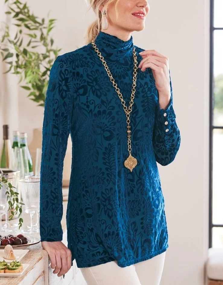 Top para mujer Soft Surroundings Walden terciopelo cuello alto floral azul azulado pequeño M Foto 2 de 4