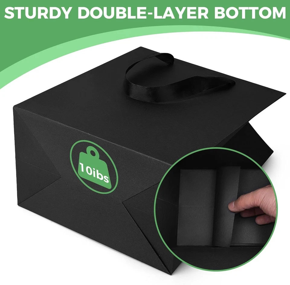 Bolsas de regalo negras con asas: paquete de 50 bolsas de papel medianas de 8x5x10 pulgadas a granel para... Foto 4 de 4