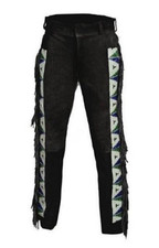 Men Native American Western Cowboy Leather Pants Suede Fringe Full Leg Beaded