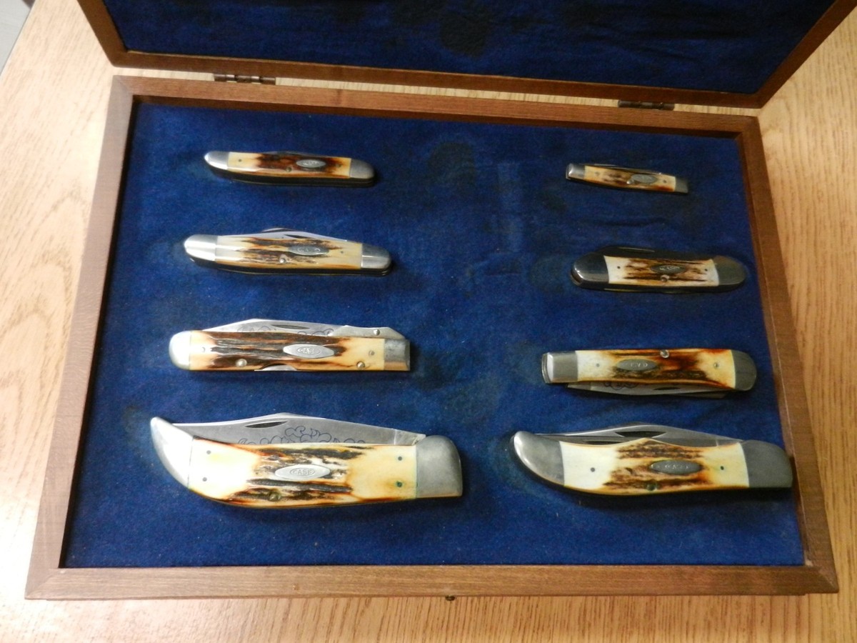 1977 Case XX Blue Scrolled 8 Piece Knife Stag Set 3 Dot W/ Wooden