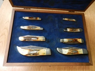 1977 Case XX Blue Scrolled 8 Piece Knife Stag Set 3 Dot W/ Wooden