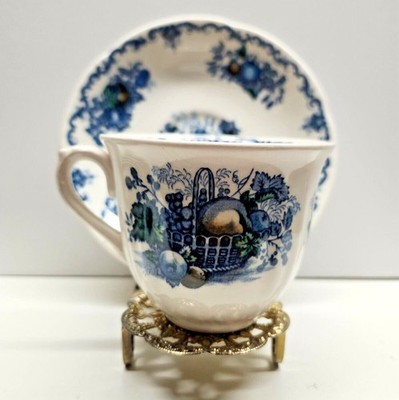 Mason's Fruit Basket Tea Cup & Saucer Ironstone Vintage Set Cream & Blue