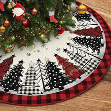 Christmas Tree Skirt 48 Inch, Red and Black Buffalo Plaid Xmas Tree Skirt, Winte