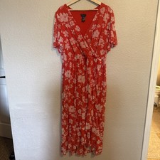 Kate and Lily Womens Mesh Tiered Floral Midi Dress Coral Pink 18W