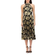 Eliza J Metallic Pleated Floral Midi Dress Black Gold Size 6
