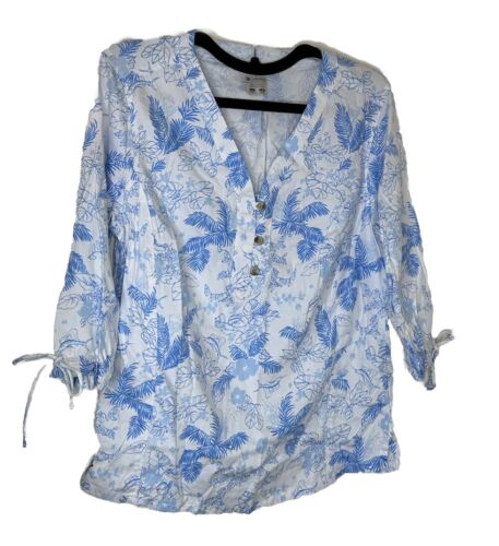 Columbia PFG Women’s Shirt Blue Floral Large Tie Sleeves Casual Tropical Resort